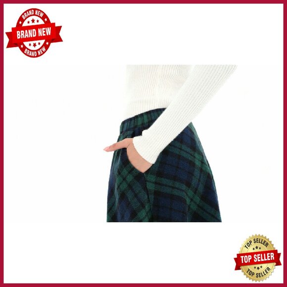Women's Long Plaid Wool Skirt High Waisted A-Line Pleated with Pockets - Picture 8 of 8